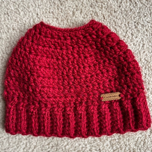 Accessories - Red Handmade Beanine - Messy Bun Beanie